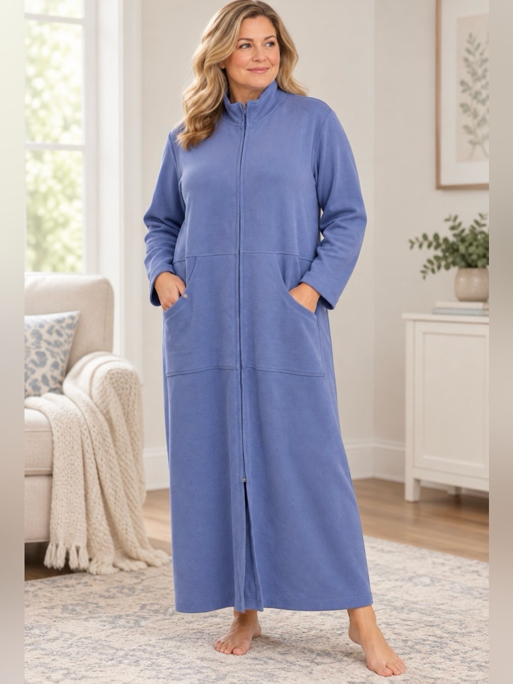 Norm Thompson Sleepwear 1X Blue Cotton Blend Full Zip Long Robe Housecoat